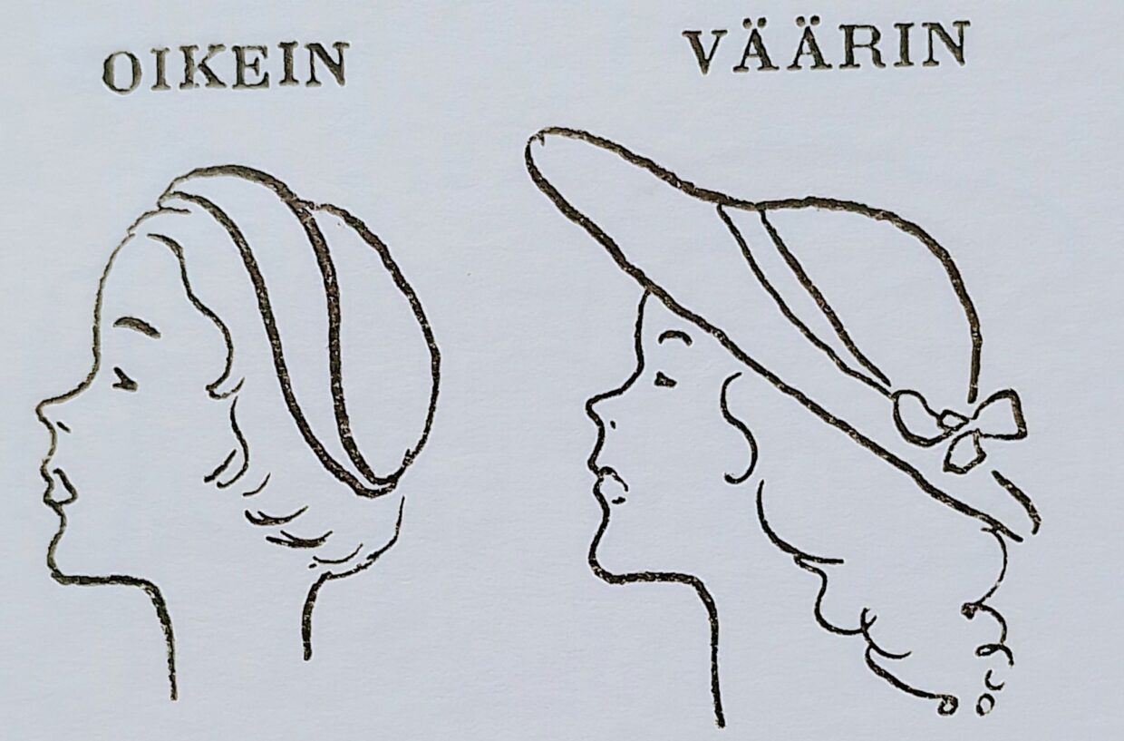 "Pieni nenä vaatii taustakseen pienen hatun ja lyhyen tukkalaitteen. Pitkä, pehmeä tukkalaite ja suurilierinen hattu saavat nenän häviämään kokonaan."