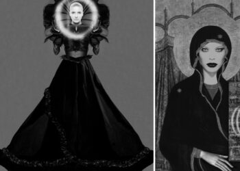 Kaksi digitaalista ikonia Ulla Karttusen Musta madonna -sarjasta.