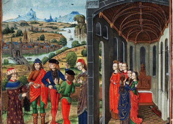 Illustration av Decamerone; Giovanni Boccaccio och hans sällskap som flytt pesten i Florens (Bruges Master of 1482