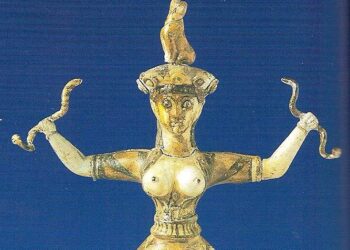 Minolais-kreetalainen käärmejumalatar. Pienoispatsas Knossoksen palatsissa Kreetalla