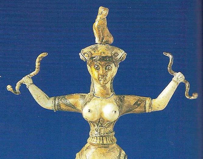 Minolais-kreetalainen käärmejumalatar. Pienoispatsas Knossoksen palatsissa Kreetalla