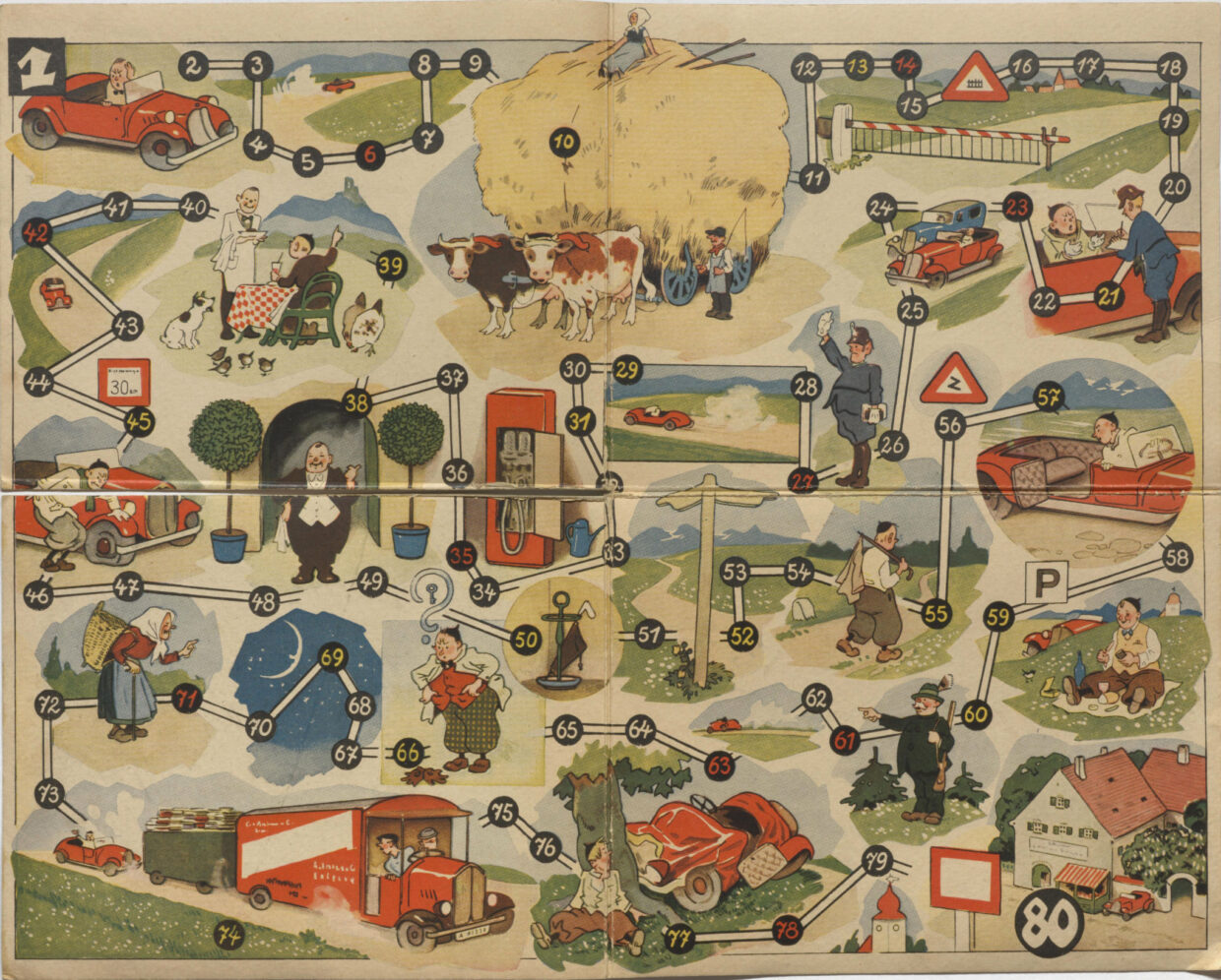 Autoretkeily-lautapeli 1930-40-luvulta. Kuva: Finna-arkisto.